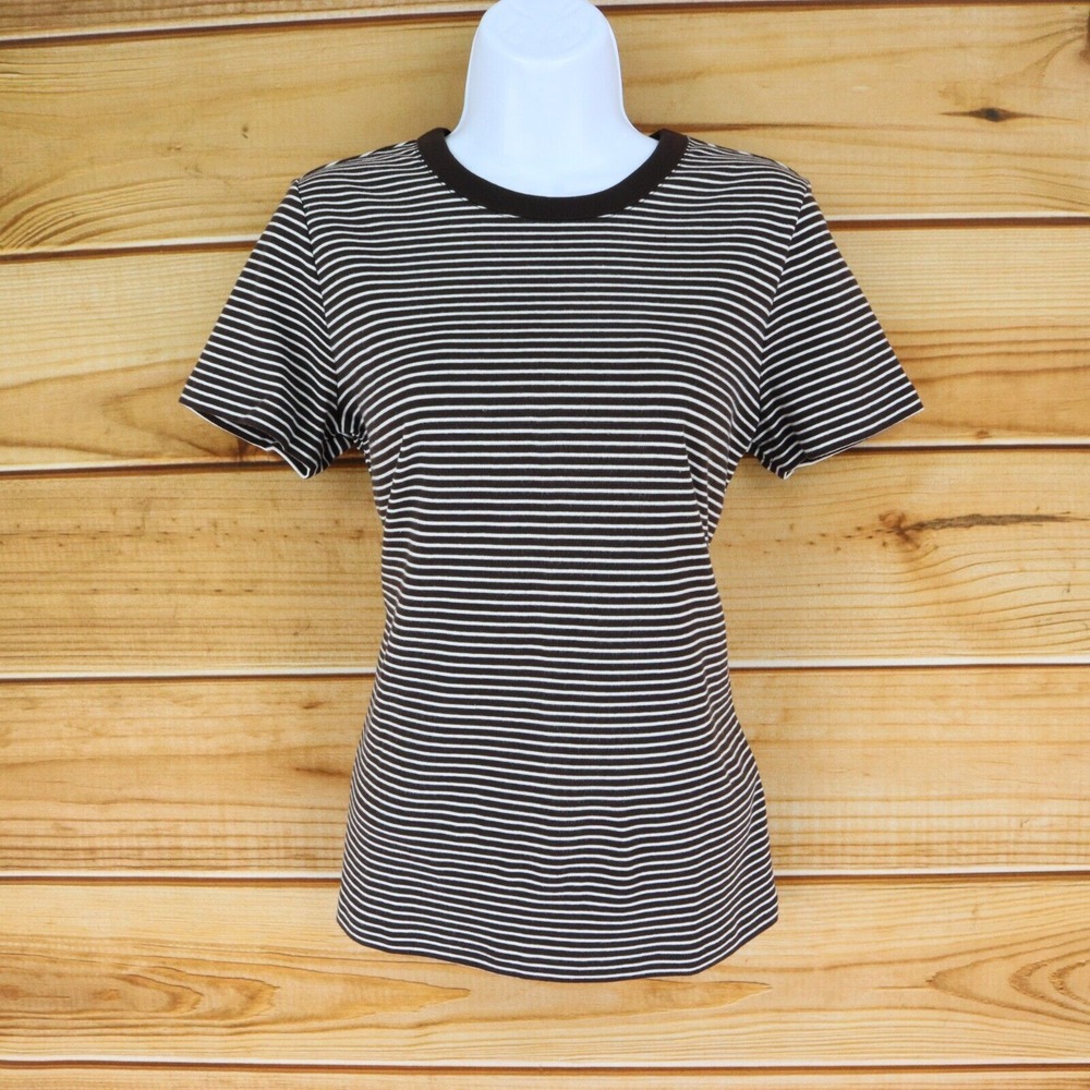Lands' End T-Shirt‎ Womens Size S Very Dark Brown White Striped Stretch Cotton